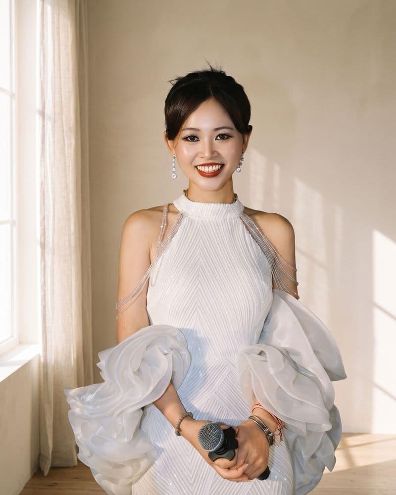 Jaya Lee in a white gown, in daylight by a window, holding a microphone